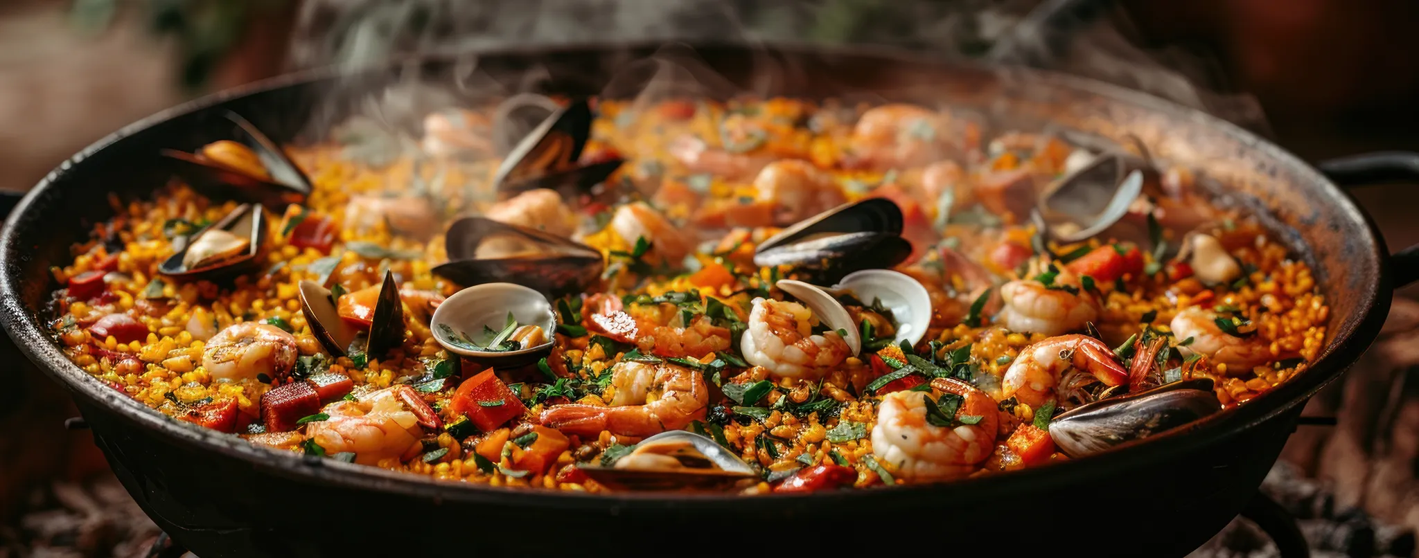 Una paella de marisco humeante en su paellera, con gambas, mejillones y almejas sobre arroz al azafrán