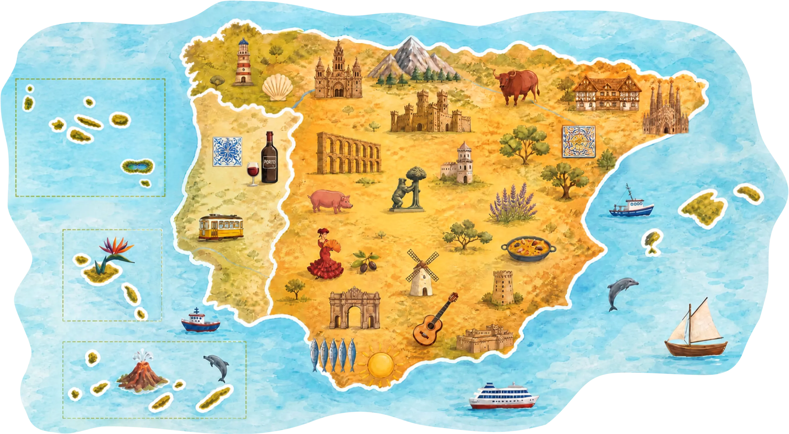 Mapa ilustrado de España y Portugal con los destinos de Cititravel